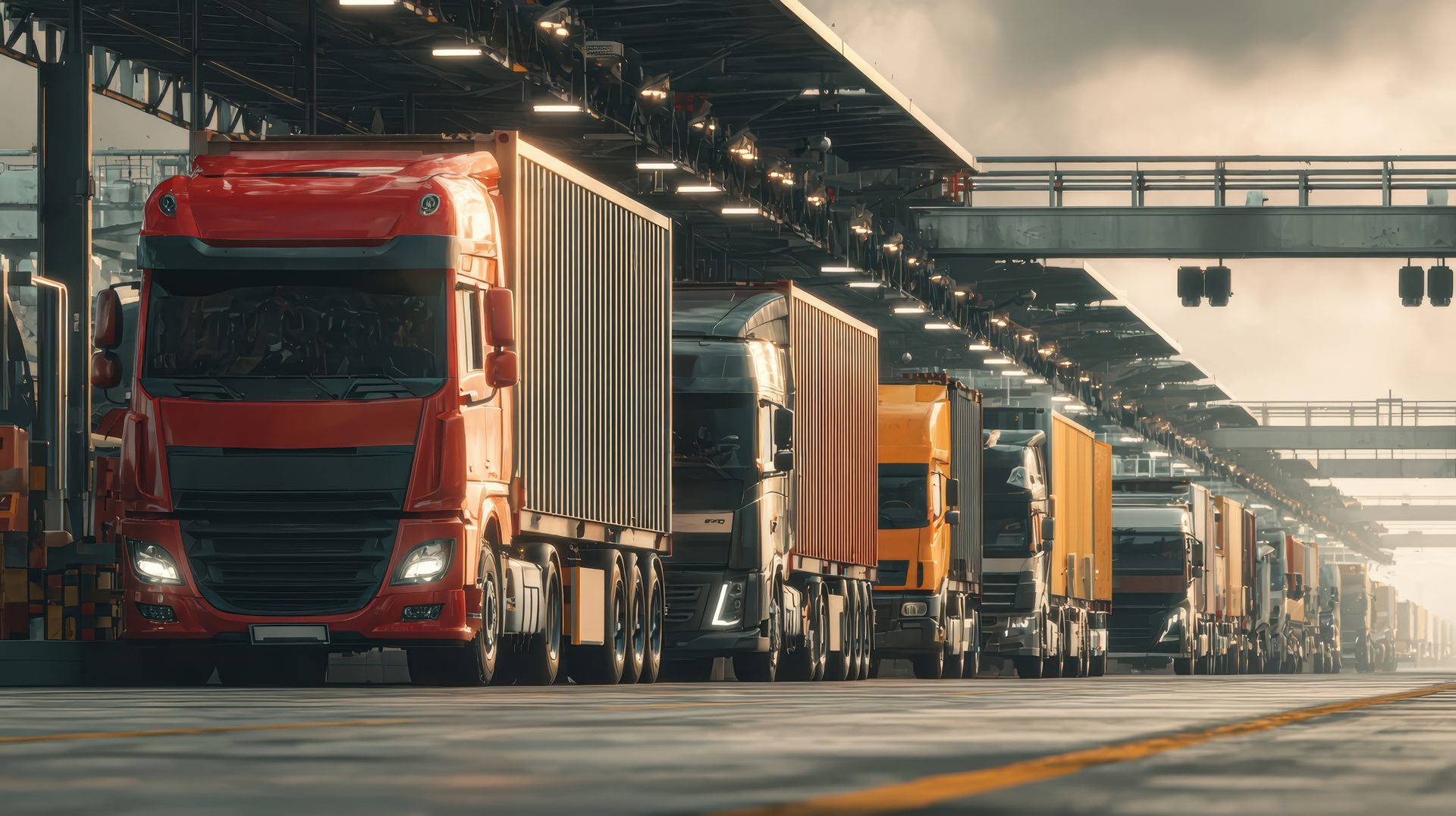 Fila de tractocamiones en el andén de carga de un centro de distribución